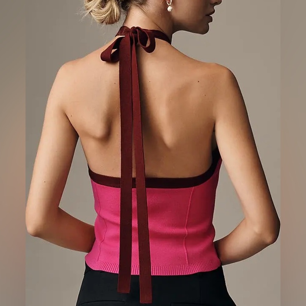 Women's Pink Halter Knit Tank with Brown Trim - Picture 2 of 6